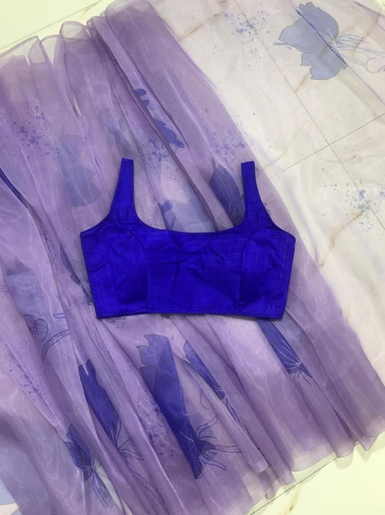 Purple heavy organza digital flower printed work saree