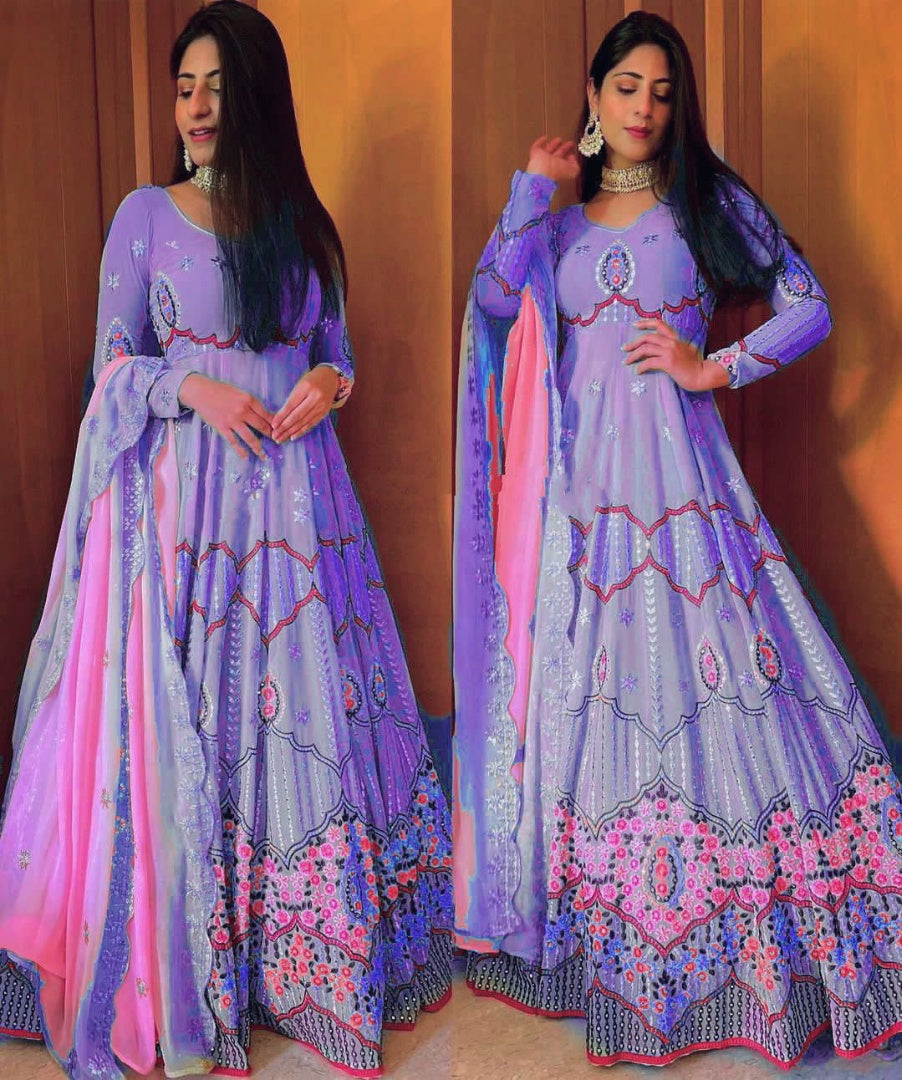 Purple heavy sequence embroidery work designer gown for wedding