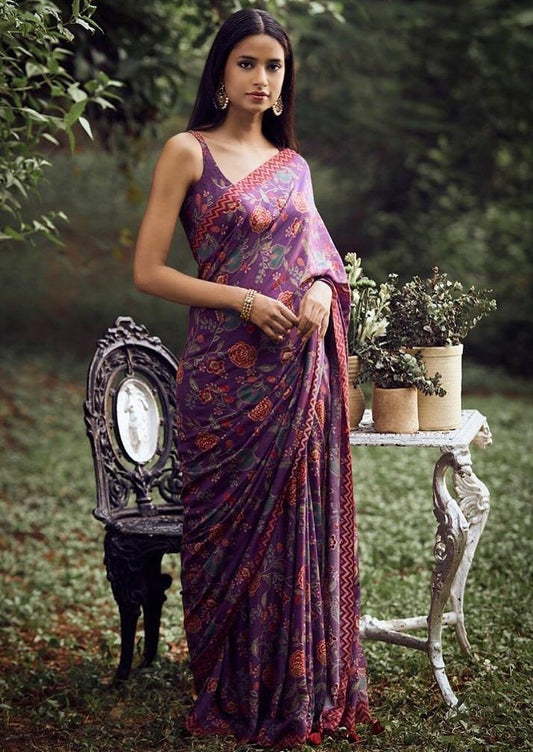Purple heavy soft silk digital printed saree