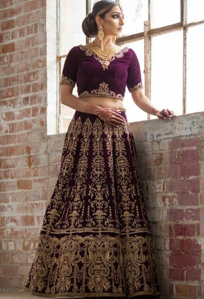 Purple heavy velvet embroidered wedding lehenga choli