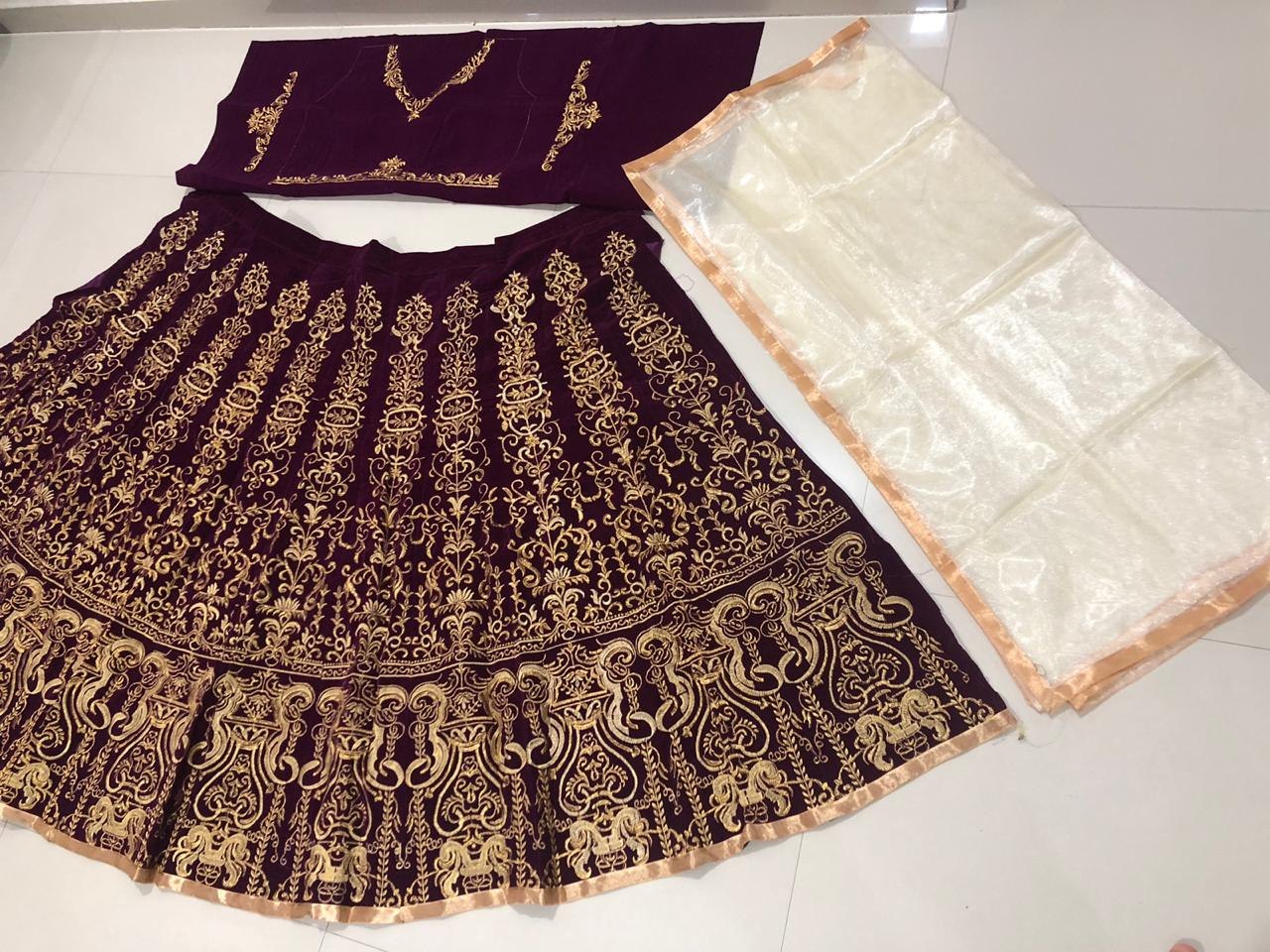 Purple heavy velvet embroidered wedding lehenga choli