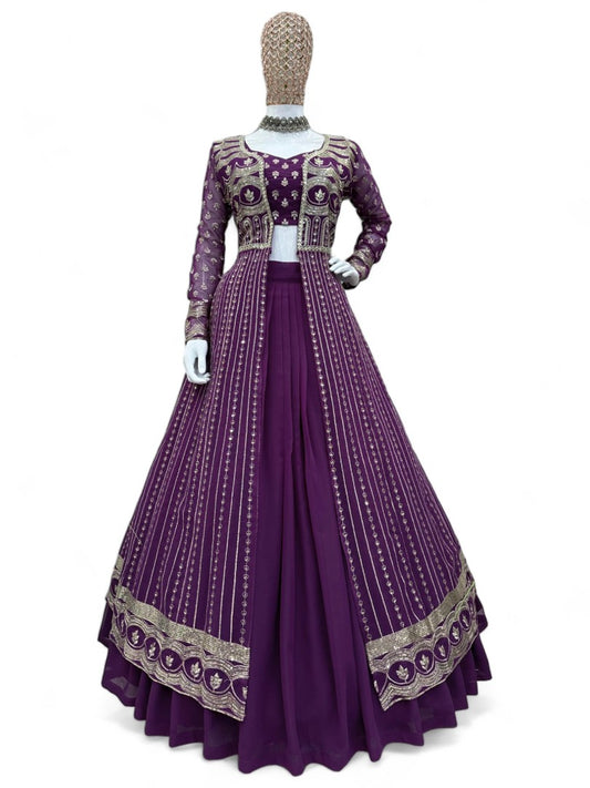 Purple heavy work designer indowestern lehenga choli with shrug