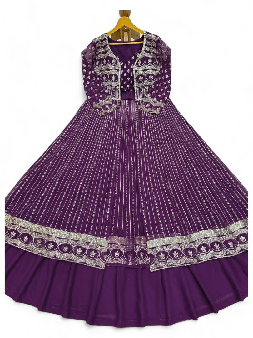Purple heavy work designer indowestern lehenga choli with shrug