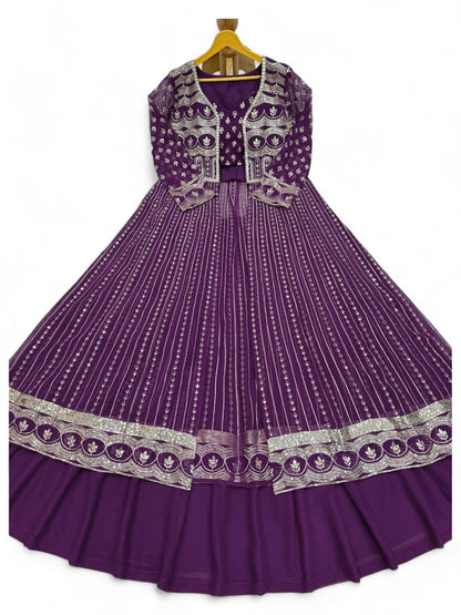 Purple heavy work designer indowestern lehenga choli with shrug