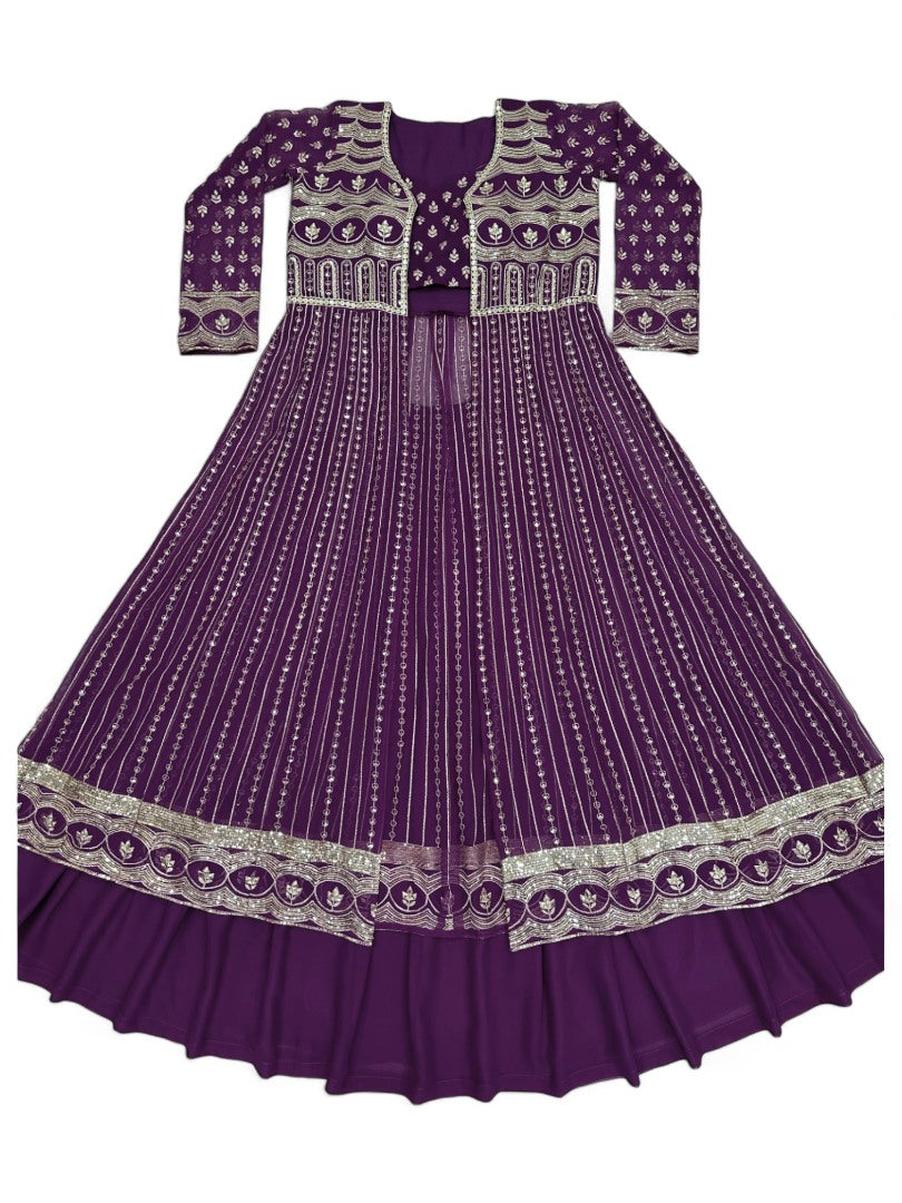 Purple heavy work designer indowestern lehenga choli with shrug