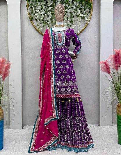 Purple heavy work designer wedding sharara suit