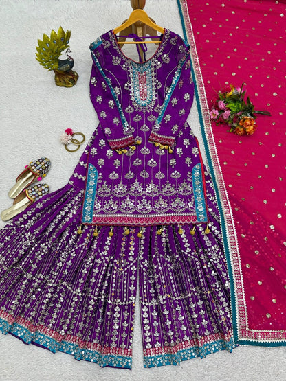 Purple heavy work designer wedding sharara suit