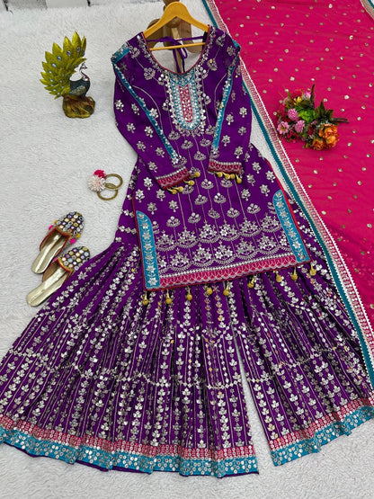 Purple heavy work designer wedding sharara suit