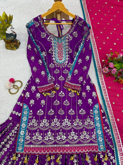 Purple heavy work designer wedding sharara suit