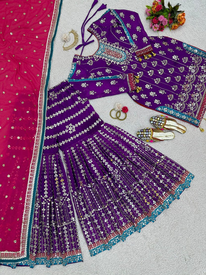 Purple heavy work designer wedding sharara suit