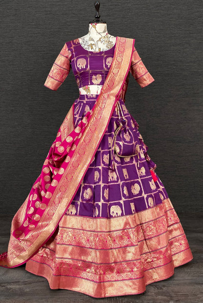 Purple jacquad paithani weaving work wedding lehenga choli with purse