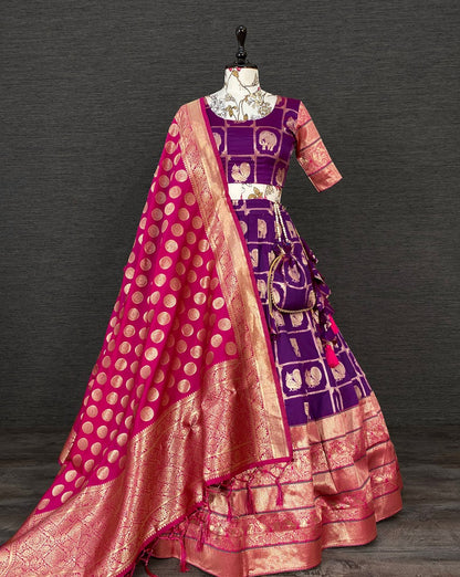 Purple jacquad paithani weaving work wedding lehenga choli with purse