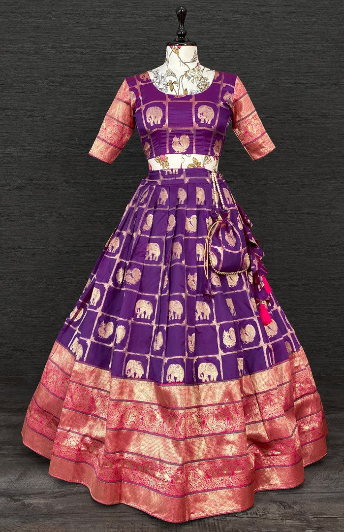 Purple jacquad paithani weaving work wedding lehenga choli with purse
