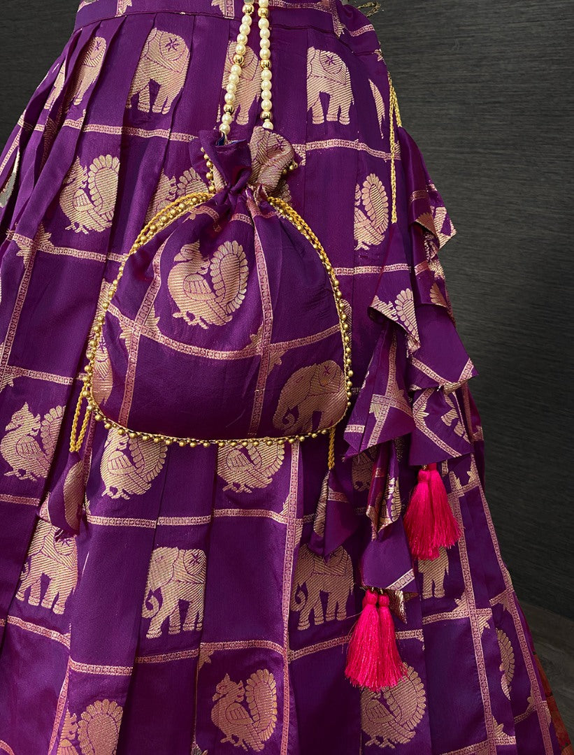 Purple jacquad paithani weaving work wedding lehenga choli with purse