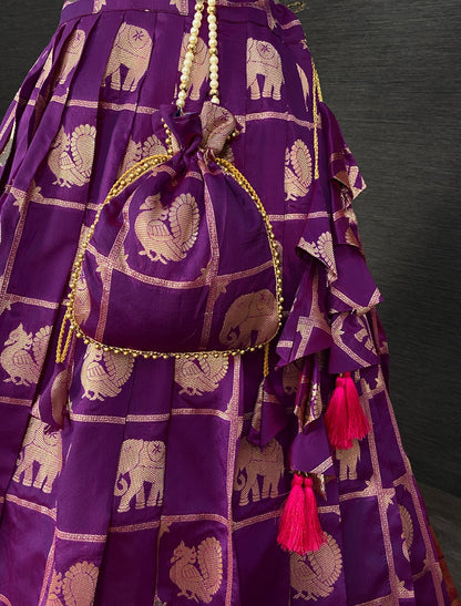 Purple jacquad paithani weaving work wedding lehenga choli with purse