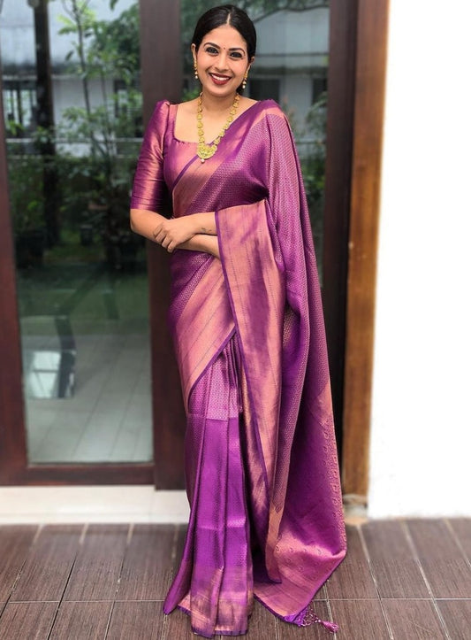 Purple jacquard weaving work banarasi silk saree for wedding