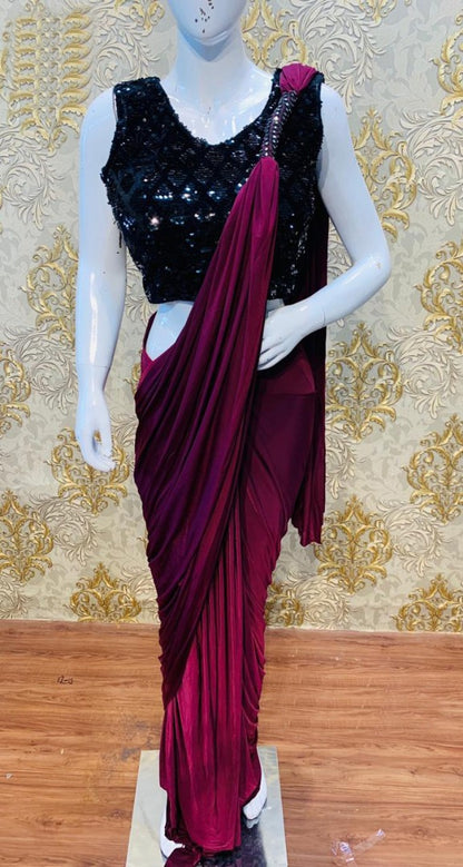 Purple japan satin partywear saree with sequence work blouse