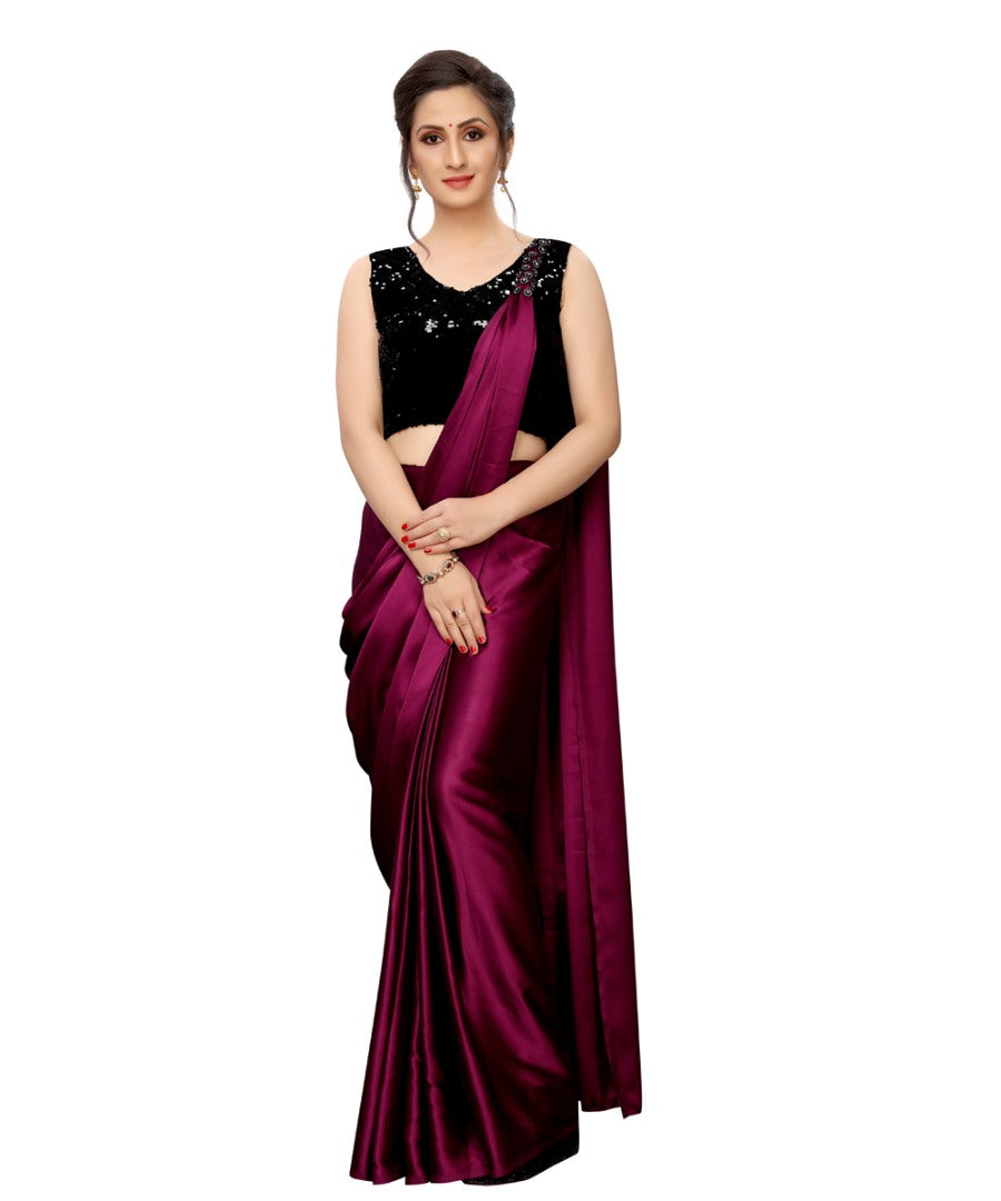 Purple japan satin partywear saree with sequence work blouse