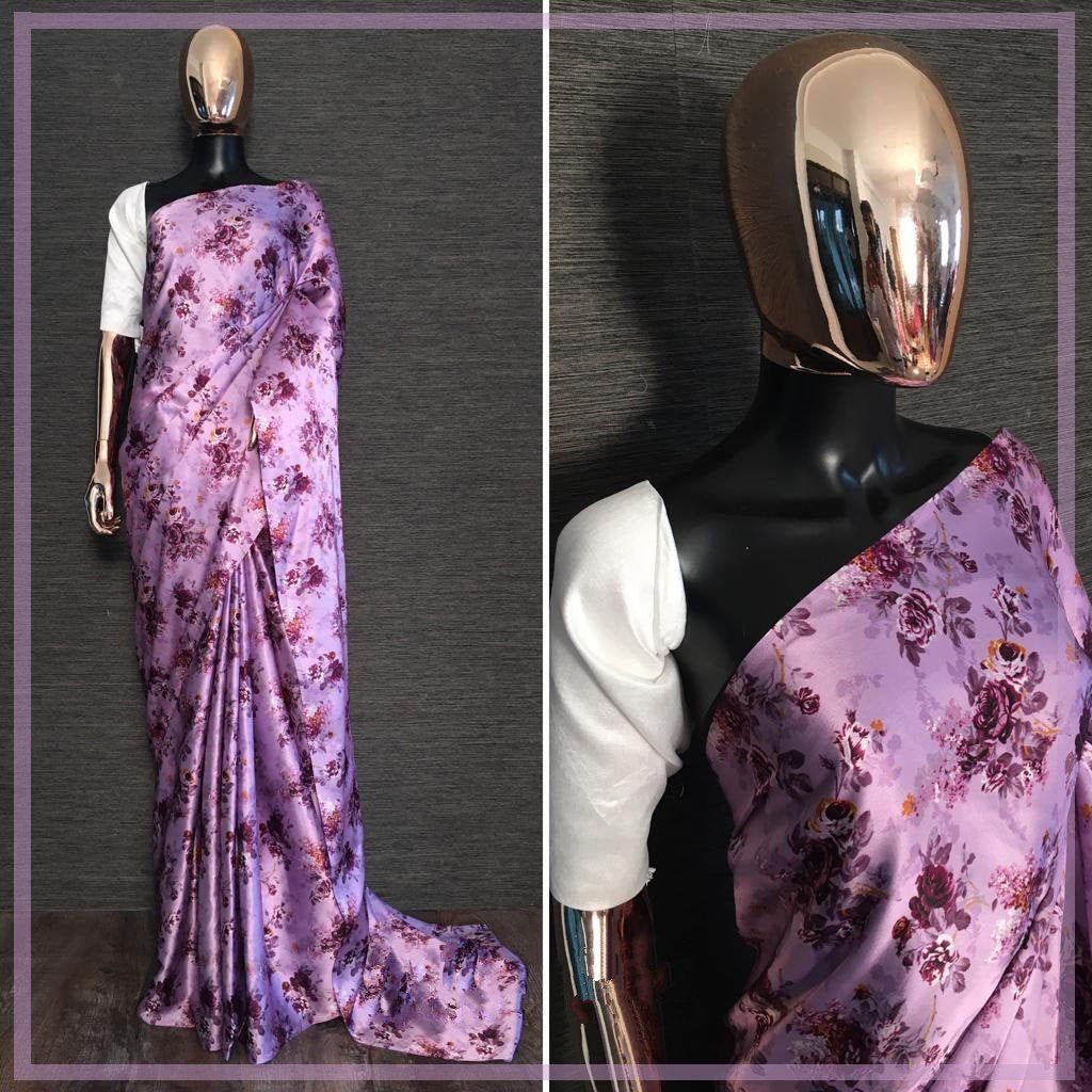 Purple japan satin silk floral printed saree