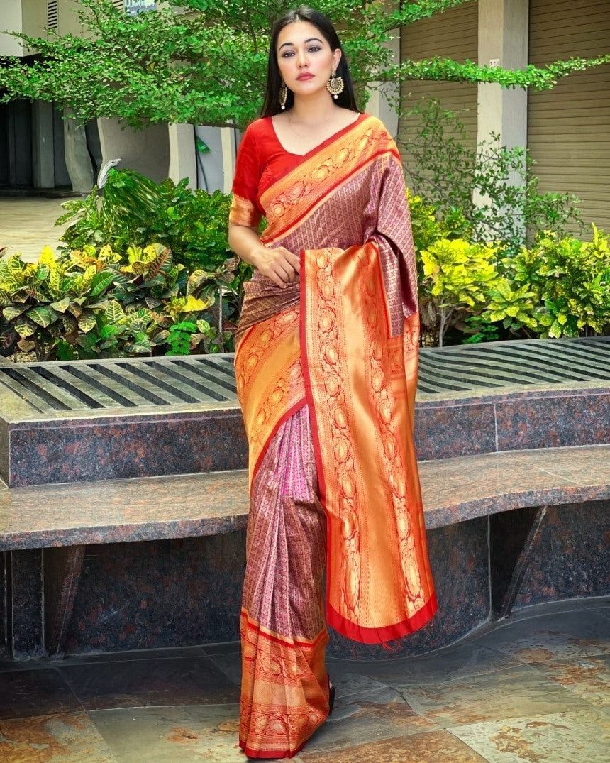 Purple kanjiwaram kota silk jacquard pattern work wedding saree