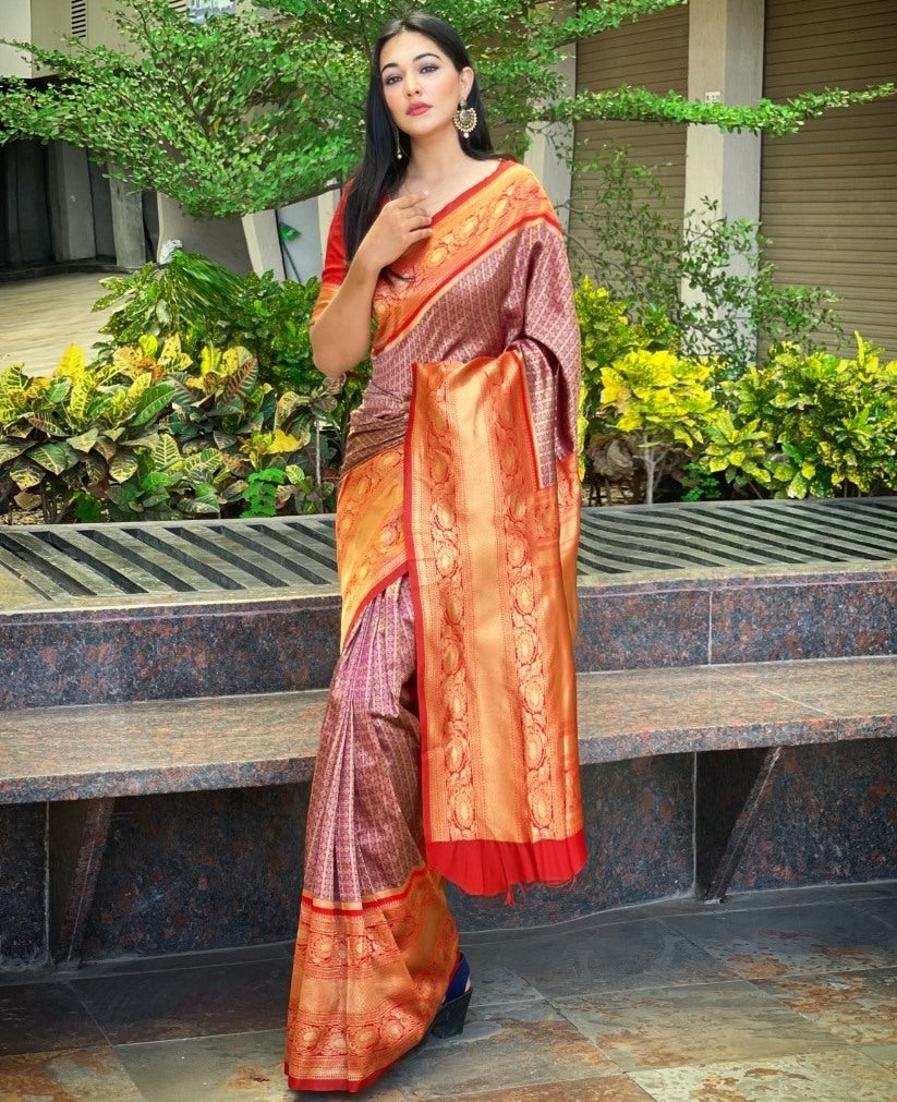 Purple kanjiwaram kota silk jacquard pattern work wedding saree