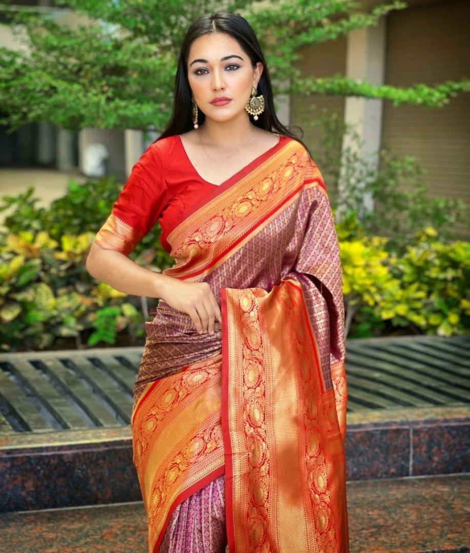 Purple kanjiwaram kota silk jacquard pattern work wedding saree