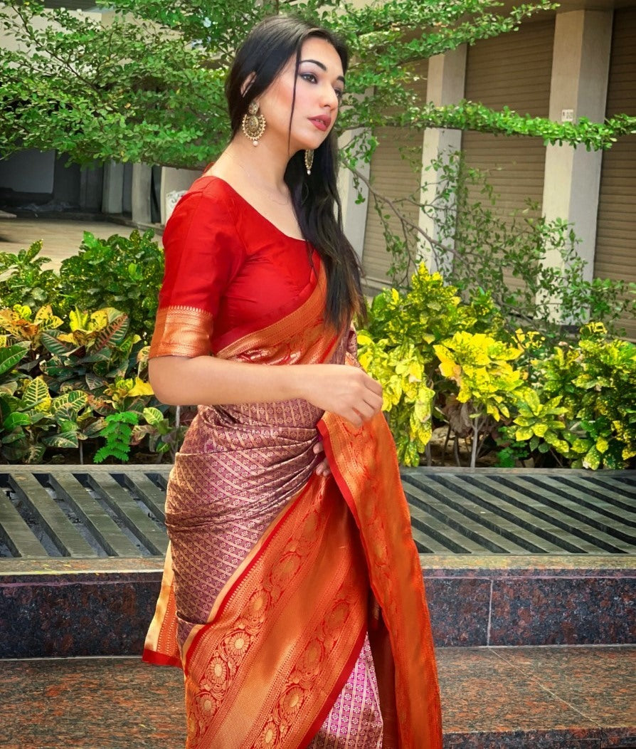 Purple kanjiwaram kota silk jacquard pattern work wedding saree