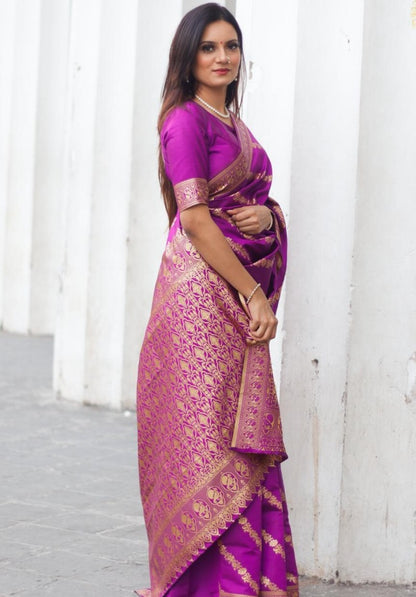 Purple lichi silk jacquard weaving work wedding saree