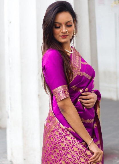 Purple lichi silk jacquard weaving work wedding saree