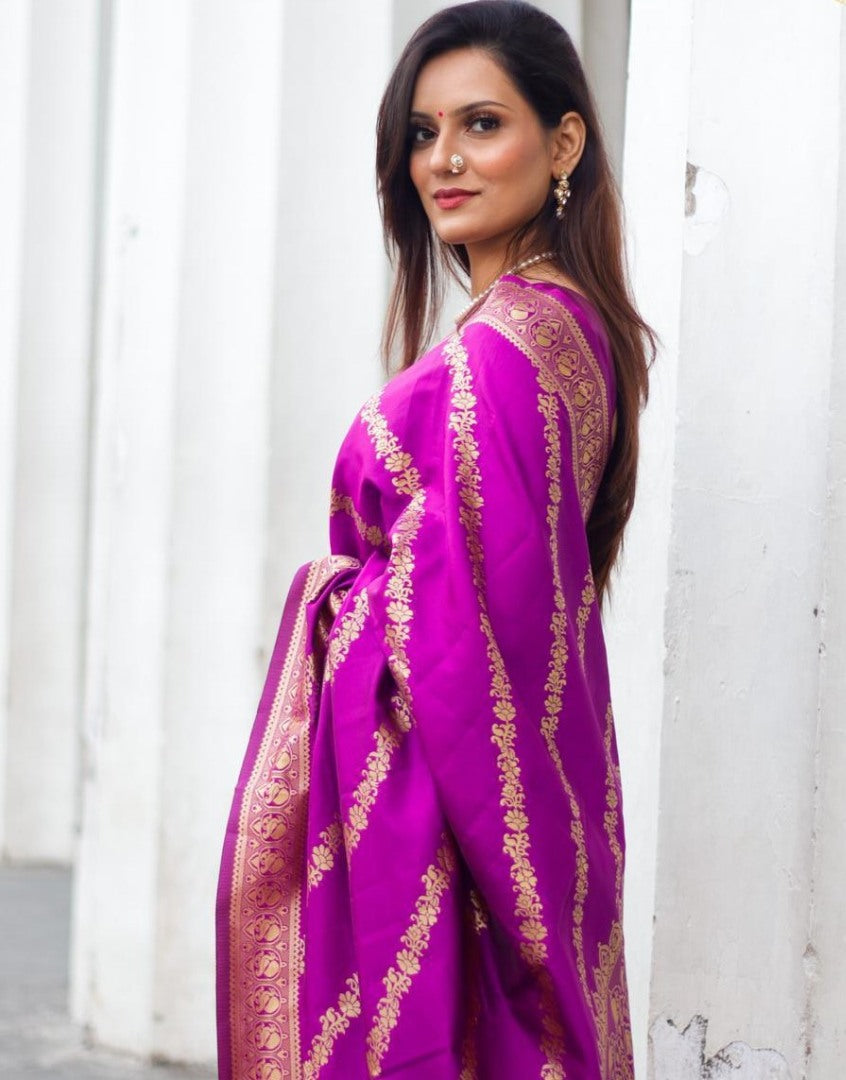 Purple lichi silk jacquard weaving work wedding saree