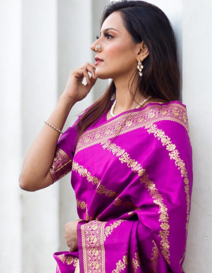 Purple lichi silk jacquard weaving work wedding saree