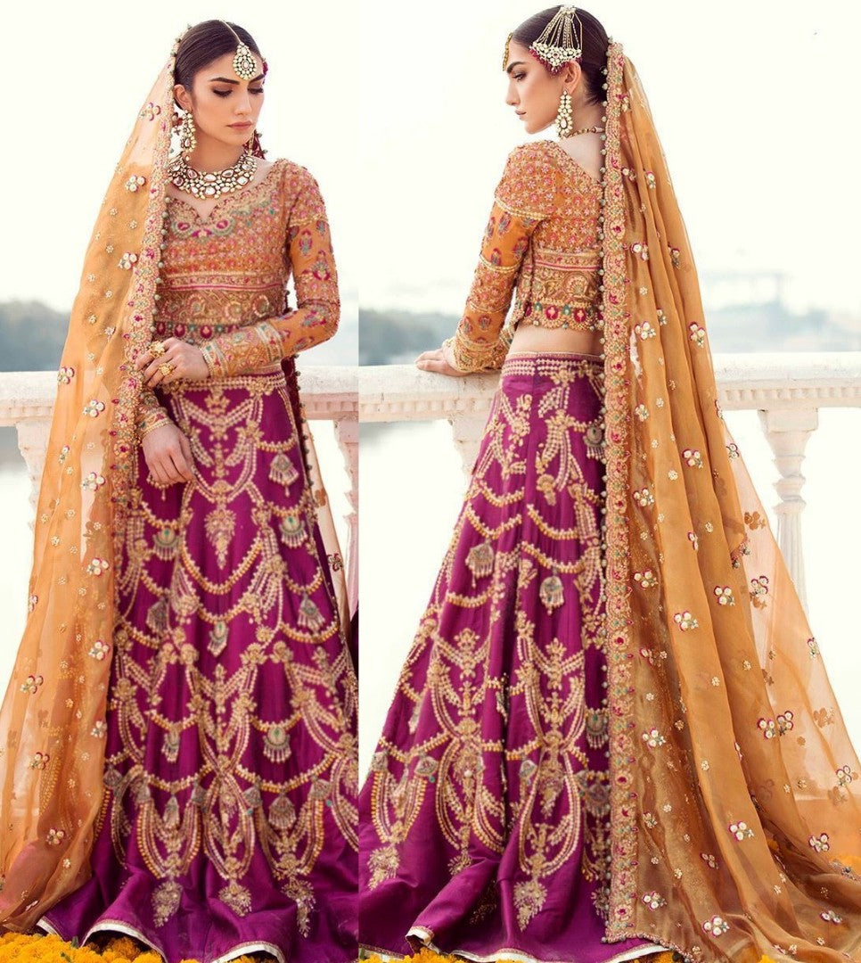 purple malai satin heavy embroidered bridal lehenga