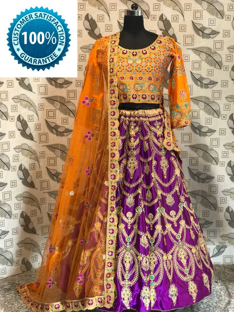 purple malai satin heavy embroidered bridal lehenga
