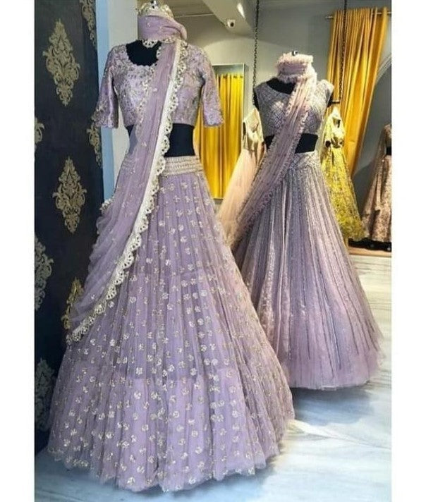 purple mono net embroidered wedding lehenga