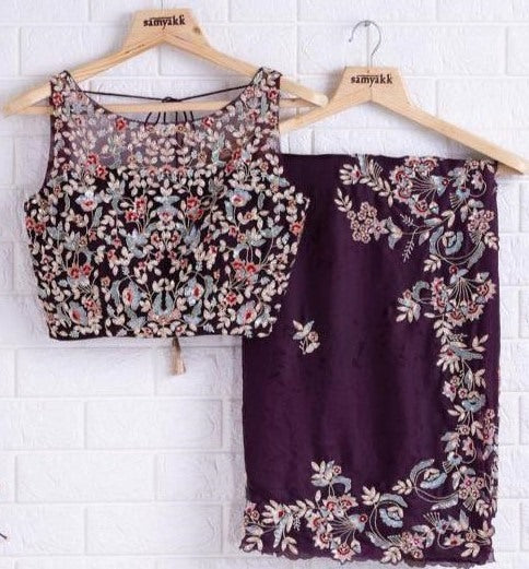 Purple mushroom silk embroidered coding saree