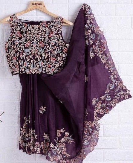 Purple mushroom silk embroidered coding saree