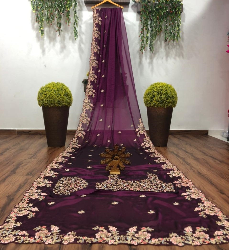 Purple mushroom silk embroidered coding saree