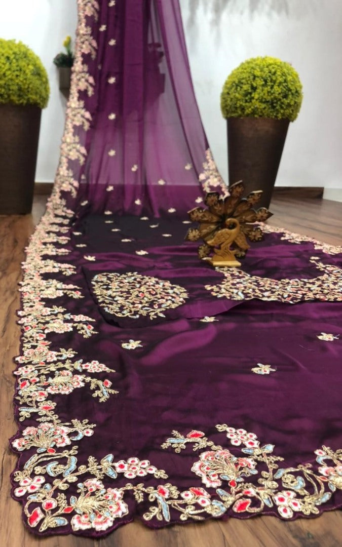 Purple mushroom silk embroidered coding saree