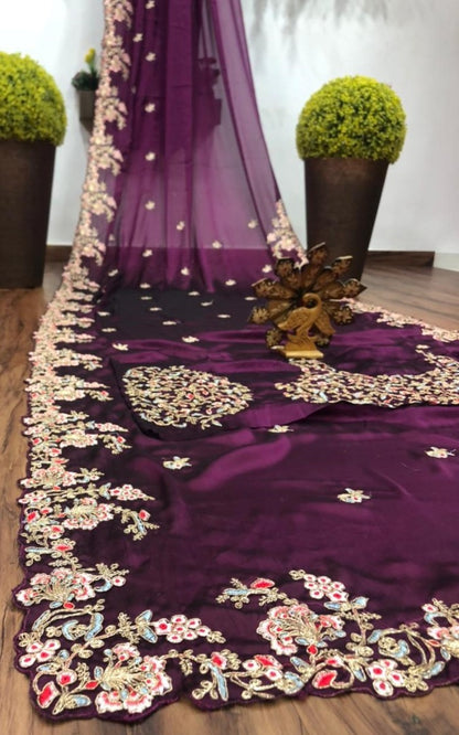Purple mushroom silk embroidered coding saree