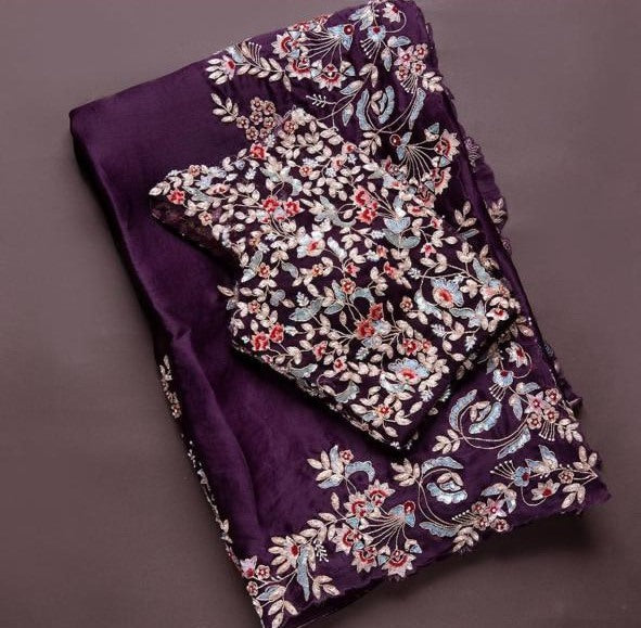 Purple mushroom silk embroidered coding saree