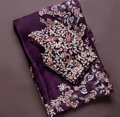 Purple mushroom silk embroidered coding saree
