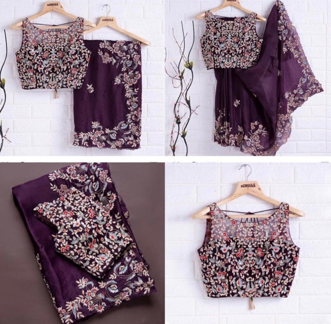 Purple mushroom silk embroidered coding saree