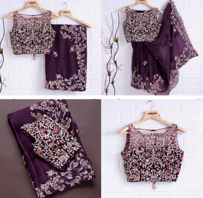 Purple mushroom silk embroidered coding saree