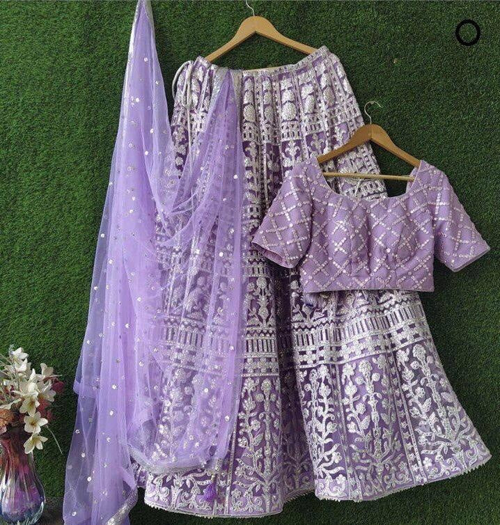 Purple net chain stitch embroidered wedding lehenga choli