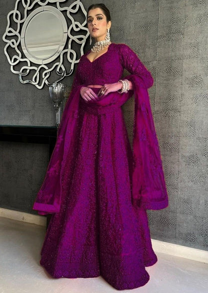 Purple net coding heavy dori work wedding lehenga choli