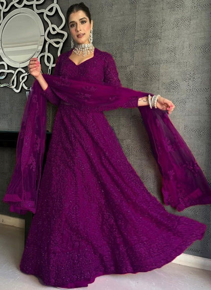 Purple net coding heavy dori work wedding lehenga choli