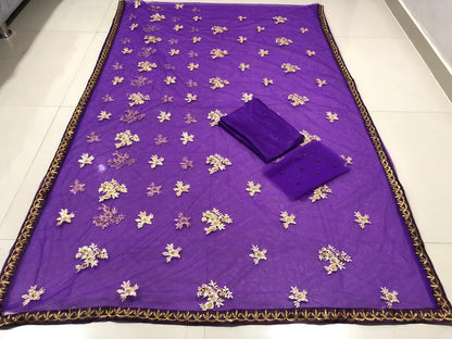 Purple net designer embroidered wedding saree