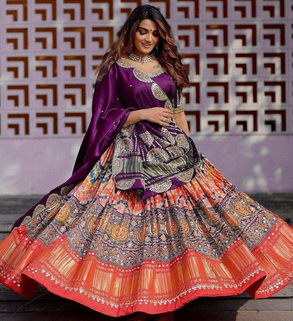 Purple orange mirror work gujarati garba navratri lehenga chaniya choli