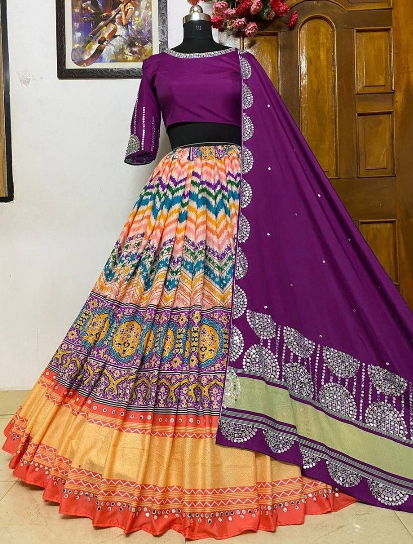 Purple orange mirror work gujarati garba navratri lehenga chaniya choli
