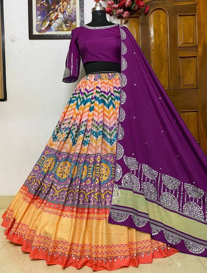 Purple orange mirror work gujarati garba navratri lehenga chaniya choli